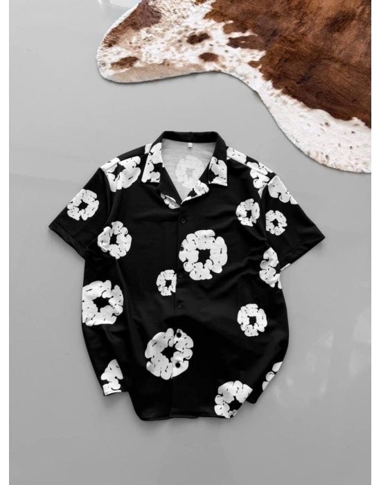 Erkek İki İplik Kumaş Baskılı Oversize Düğmeli Gömlek - Siyah