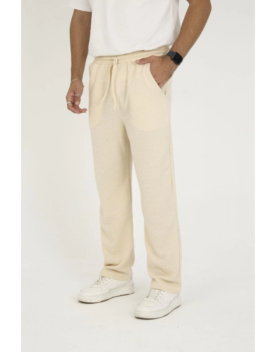 Erkek Jakar Kutu Desenli Baggy Eşofman Pantolon - Bej