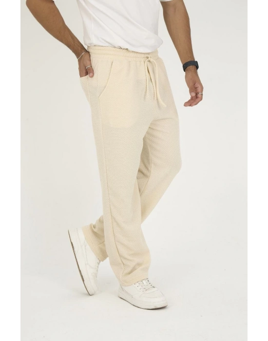 Erkek Jakar Kutu Desenli Baggy Eşofman Pantolon - Bej