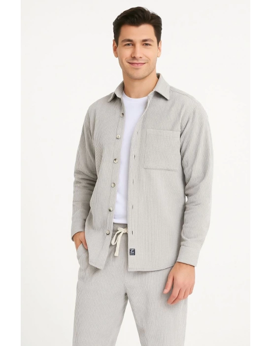 Erkek Kadife Oversize Takım Gömlek Pantolon İkili Set - Gri