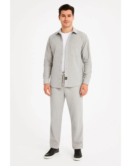 Erkek Kadife Oversize Takım Gömlek Pantolon İkili Set - Gri