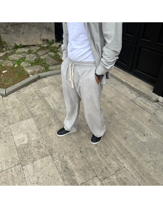 Erkek Kadife Oversize Takım Gömlek Pantolon İkili Set - Gri