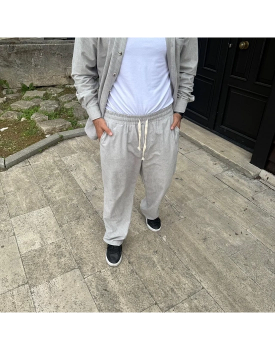 Erkek Kadife Oversize Takım Gömlek Pantolon İkili Set - Gri