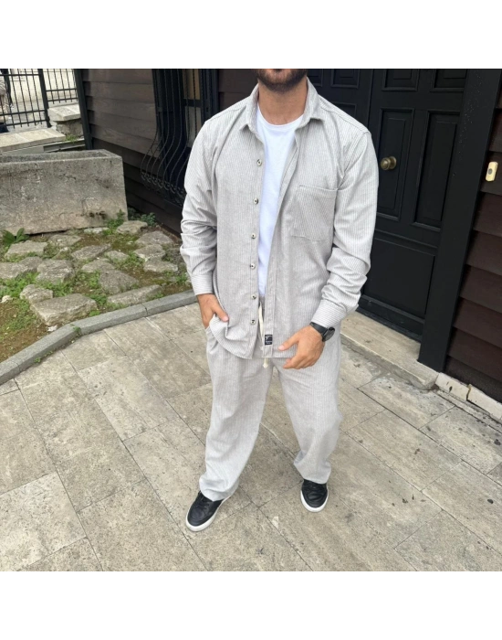 Erkek Kadife Oversize Takım Gömlek Pantolon İkili Set - Gri