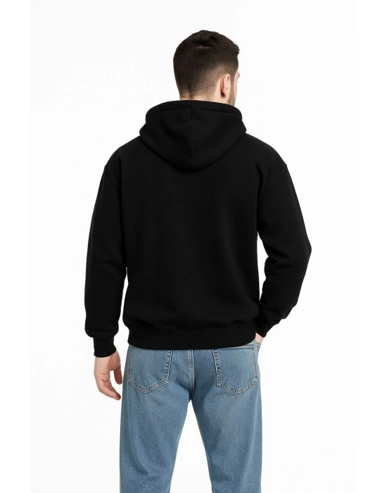 Erkek Kapüşonlu 3 İplik Şardonlu Önü Baskılı Fermuarlı Oversize Sweatshirt - Siyah