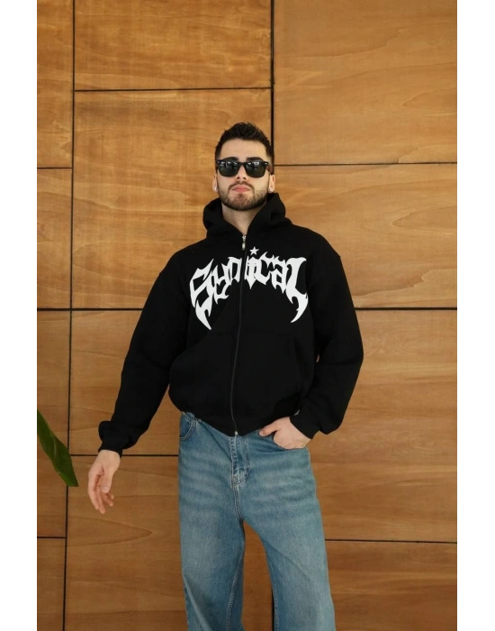 Erkek Kapüşonlu 3 İplik Şardonlu Önü Baskılı Fermuarlı Oversize Sweatshirt - Siyah