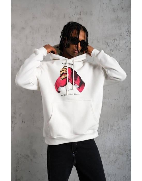 Erkek Kapüşonlu Cepli Boks Eldiven Baskılı 3 İplik Sweatshirt Hoodie - Beyaz