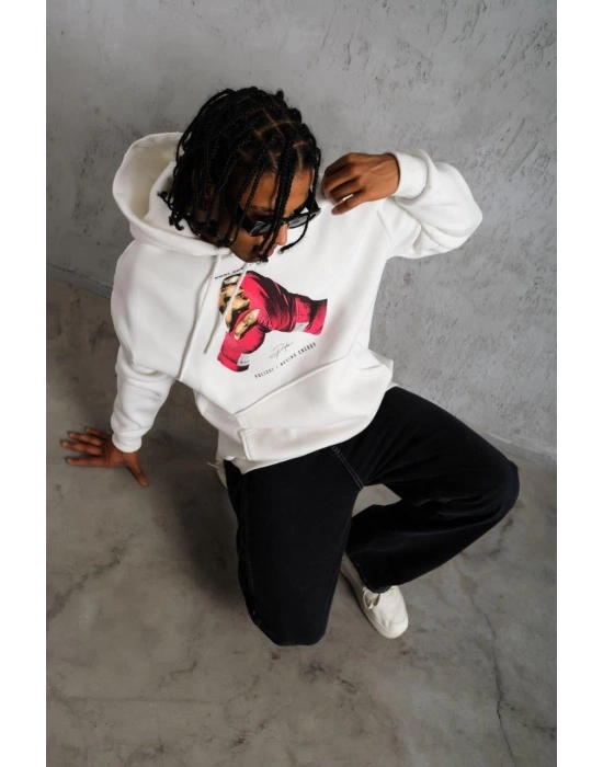 Erkek Kapüşonlu Cepli Boks Eldiven Baskılı 3 İplik Sweatshirt Hoodie - Beyaz