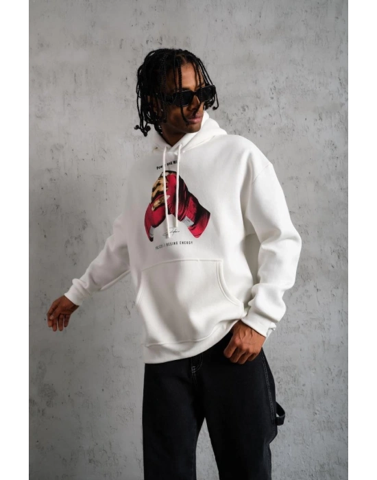 Erkek Kapüşonlu Cepli Boks Eldiven Baskılı 3 İplik Sweatshirt Hoodie - Beyaz