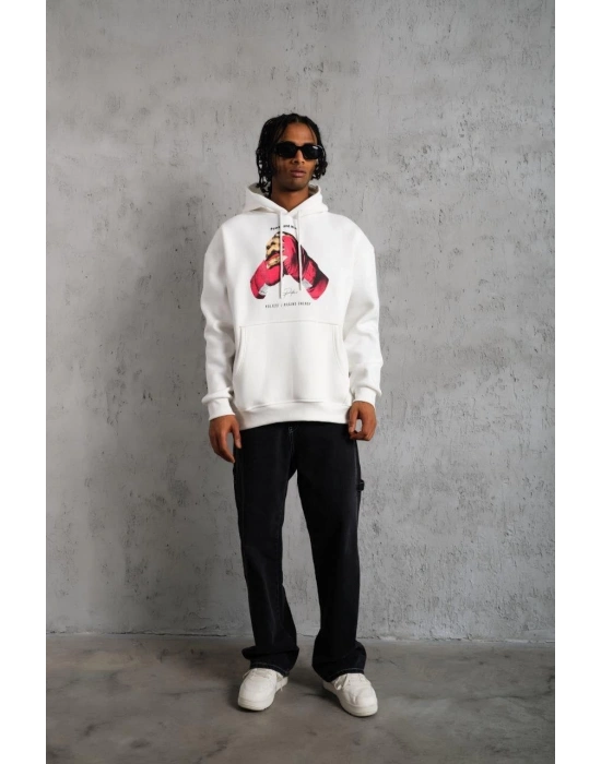 Erkek Kapüşonlu Cepli Boks Eldiven Baskılı 3 İplik Sweatshirt Hoodie - Beyaz