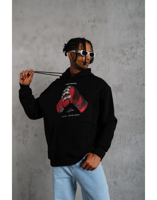 Erkek Kapüşonlu Cepli Box Eldiven Baskılı 3 İplik Sweatshirt Hoodie - Siyah