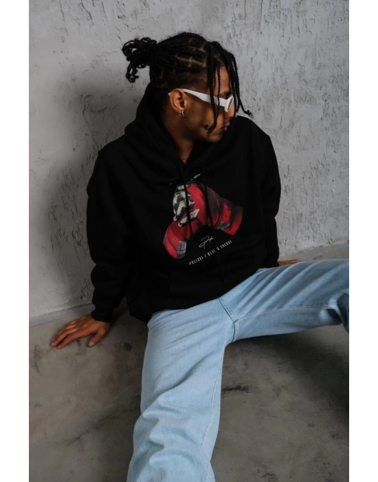 Erkek Kapüşonlu Cepli Box Eldiven Baskılı 3 İplik Sweatshirt Hoodie - Siyah