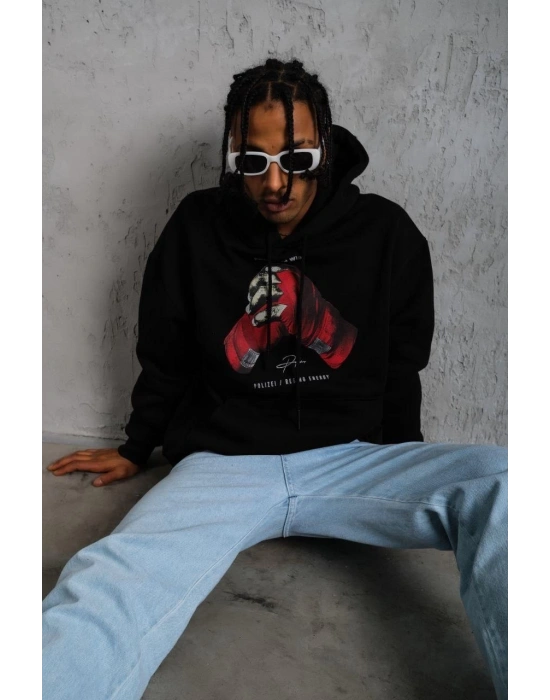 Erkek Kapüşonlu Cepli Box Eldiven Baskılı 3 İplik Sweatshirt Hoodie - Siyah