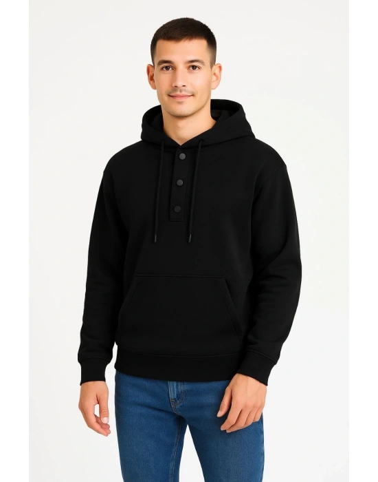 Erkek Kapüşonlu Hoodie Cepli Çıtçıtlı 3 İplik Pamuklu Sweatshirt - Siyah