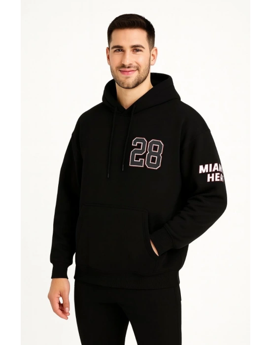 Erkek Kapüşonlu Kanguru Cepli Sweatshirt 3 İplik Pamuklu Baskılı Hoodie - Siyah
