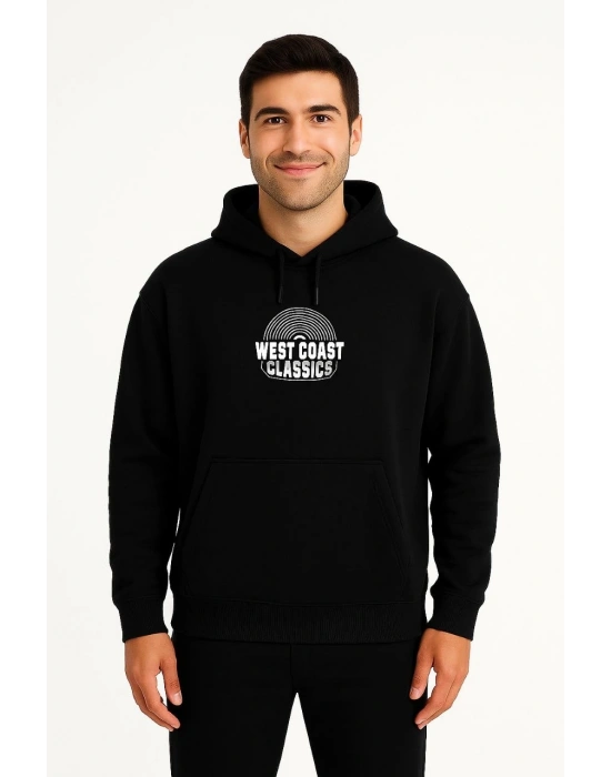 Erkek Kapüşonlu Kanguru Cepli Sweatshirt 3 İplik Pamuklu Baskılı Hoodie -  Siyah