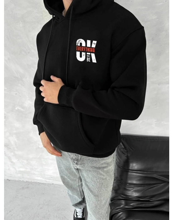 Erkek Kapüşonlu Kanguru Cepli Sweatshirt 3 İplik Pamuklu Baskılı Hoodie - Siyah