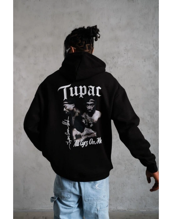 Erkek Kapüşonlu Kanguru Cepli Sweatshirt 3 İplik Pamuklu Baskılı Hoodie - Siyah
