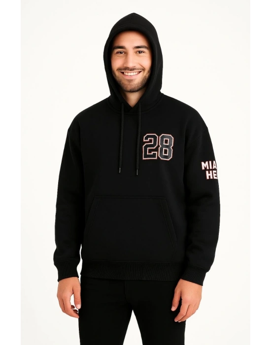 Erkek Kapüşonlu Kanguru Cepli Sweatshirt 3 İplik Pamuklu Baskılı Hoodie - Siyah