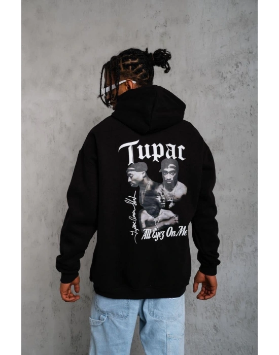 Erkek Kapüşonlu Kanguru Cepli Sweatshirt 3 İplik Pamuklu Baskılı Hoodie - Siyah