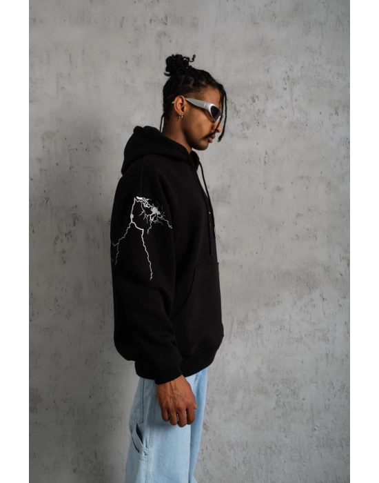 Erkek Kapüşonlu Kanguru Cepli Sweatshirt 3 İplik Pamuklu Baskılı Hoodie - Siyah