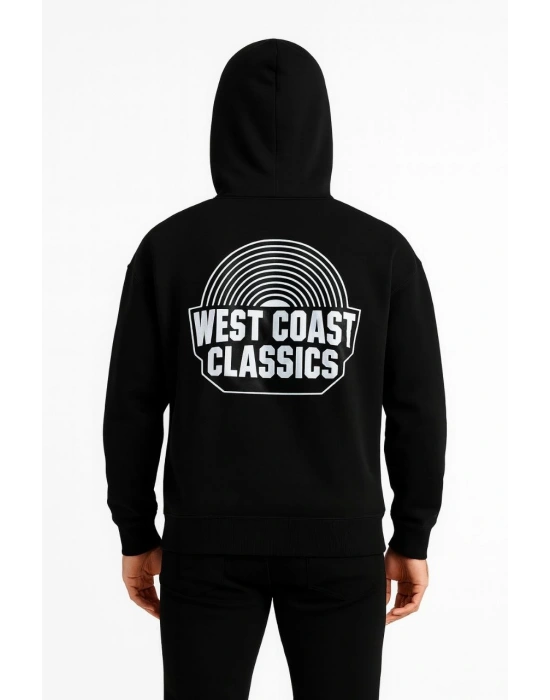 Erkek Kapüşonlu Kanguru Cepli Sweatshirt 3 İplik Pamuklu Baskılı Hoodie -  Siyah