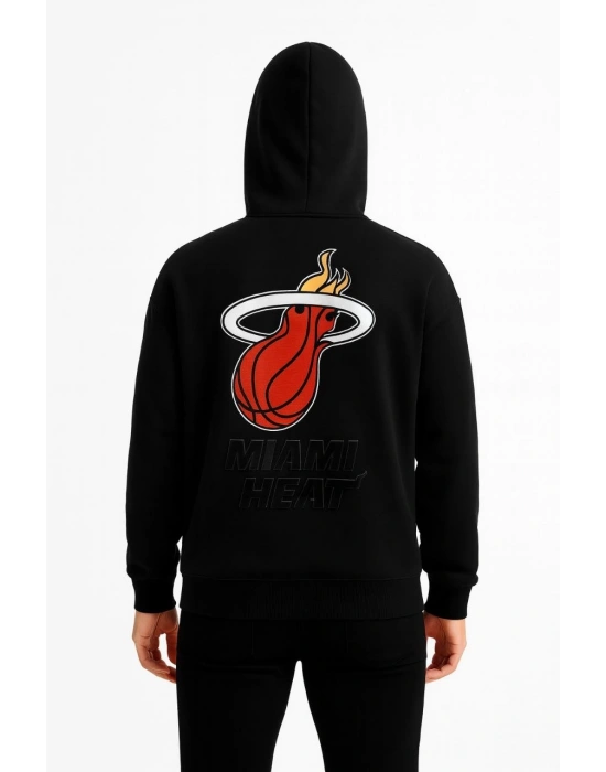Erkek Kapüşonlu Kanguru Cepli Sweatshirt 3 İplik Pamuklu Baskılı Hoodie - Siyah