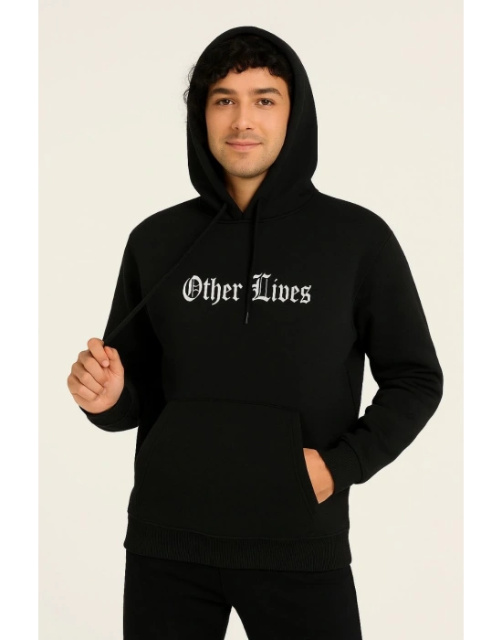 Erkek Kapüşonlu Kanguru Cepli Sweatshirt 3 İplik Pamuklu Baskılı Hoodie - Siyah