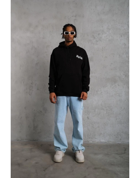 Erkek Kapüşonlu Kanguru Cepli Sweatshirt 3 İplik Pamuklu Baskılı Hoodie - Siyah