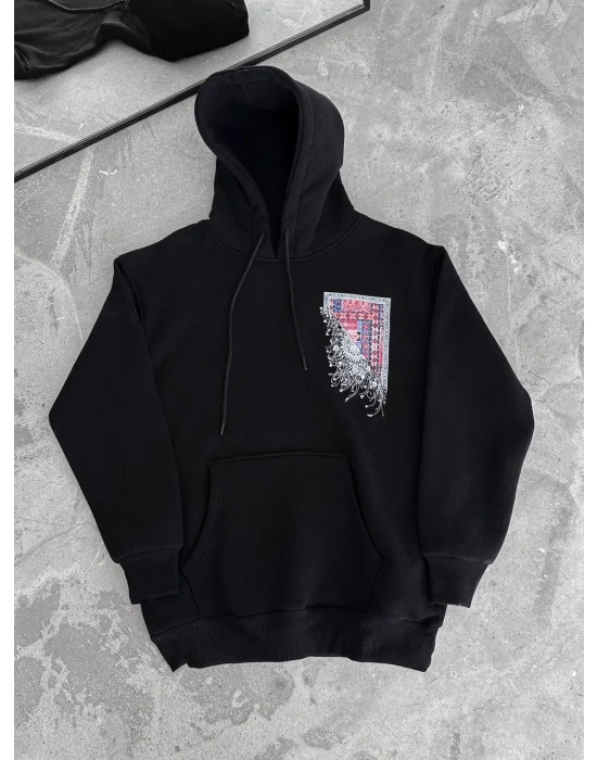 Erkek Kapüşonlu Kanguru Cepli Sweatshirt 3 İplik Pamuklu Baskılı Hoodie - Siyah