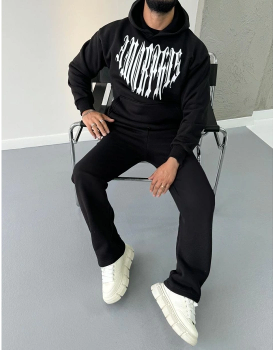 Erkek Kapüşonlu Kanguru Cepli Sweatshirt 3 İplik Pamuklu Baskılı Hoodie -  Siyah