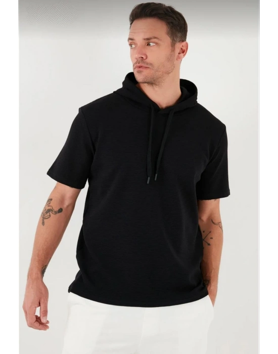Erkek Kapüşonlu Tişört Kısa Kol Düz Oversize T-shirt - Siyah