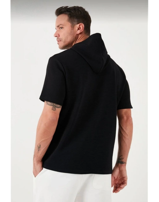Erkek Kapüşonlu Tişört Kısa Kol Düz Oversize T-shirt - Siyah