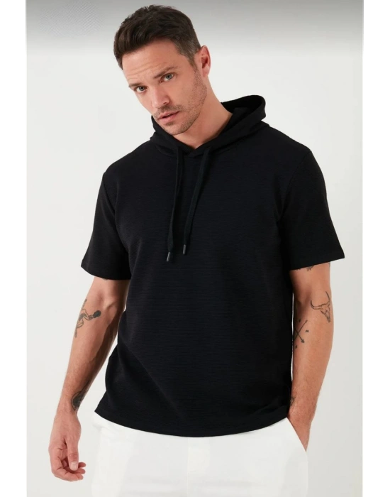 Erkek Kapüşonlu Tişört Kısa Kol Düz Oversize T-shirt - Siyah