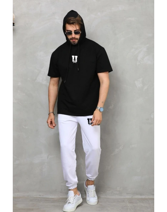 Erkek Kapüşonlu Tişört Oversize T-Shirt Takım - Siyah