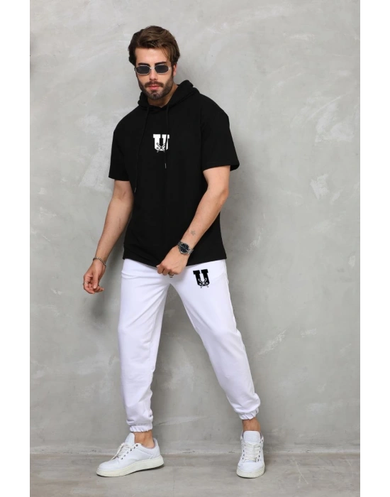 Erkek Kapüşonlu Tişört Oversize T-Shirt Takım - Siyah