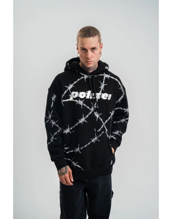 ERKEK Kapüşonlu Varak ve Pano Baskılı Hoodie  SweatShirt- Siyah