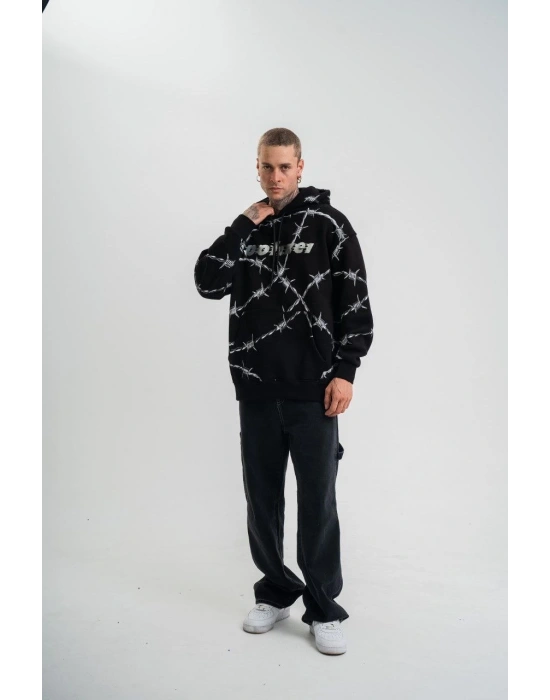 ERKEK Kapüşonlu Varak ve Pano Baskılı Hoodie  SweatShirt- Siyah
