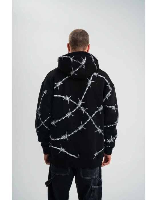ERKEK Kapüşonlu Varak ve Pano Baskılı Hoodie  SweatShirt- Siyah