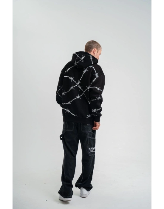 ERKEK Kapüşonlu Varak ve Pano Baskılı Hoodie  SweatShirt- Siyah
