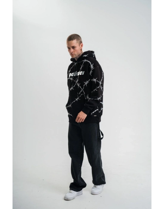 ERKEK Kapüşonlu Varak ve Pano Baskılı Hoodie  SweatShirt- Siyah