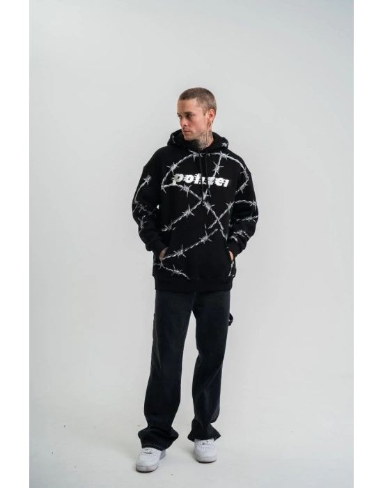 ERKEK Kapüşonlu Varak ve Pano Baskılı Hoodie  SweatShirt- Siyah