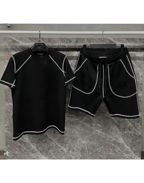 Erkek Karoyaka Dikişli Şortlu Alt-Üst Takım - Siyah