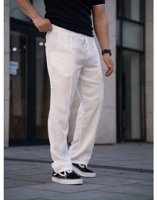 Erkek Keten Cepli Çıma Dikişli jogger Buggy Pantalon Rahat kalıp - Beyaz