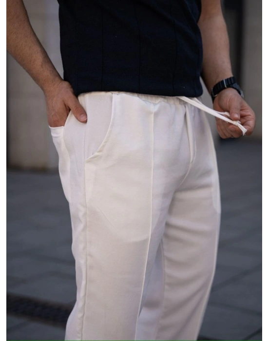 Erkek Keten Cepli Çıma Dikişli jogger Buggy Pantalon Rahat kalıp - Beyaz
