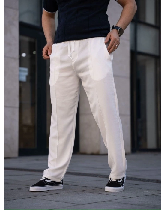 Erkek Keten Cepli Çıma Dikişli jogger Buggy Pantalon Rahat kalıp - Beyaz