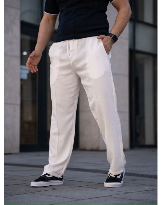 Erkek Keten Cepli Çıma Dikişli jogger Buggy Pantalon Rahat kalıp - Beyaz