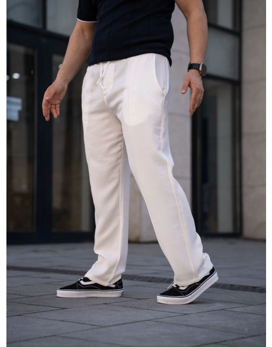 Erkek Keten Cepli Çıma Dikişli jogger Buggy Pantalon Rahat kalıp - Beyaz