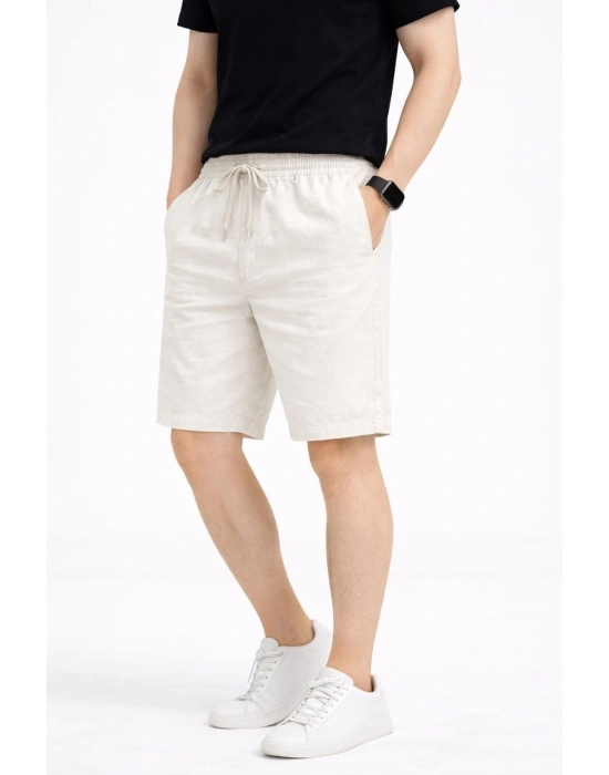 Erkek Keten Kumaş Cepli Rahat Kesim Bel Lastikli Şort - Beyaz