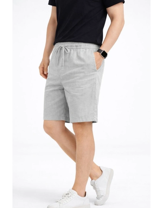 Erkek Keten Kumaş Cepli Rahat Kesim Bel Lastikli Şort - Gri